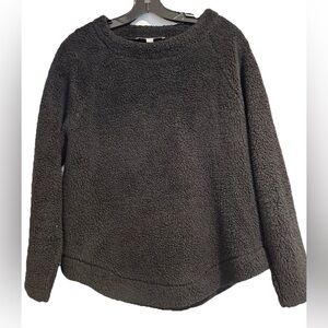 LOFT Black Sherpa Fleece Sweatshirt Women's M Cozy Fuzzy Crew Neck Pullover
